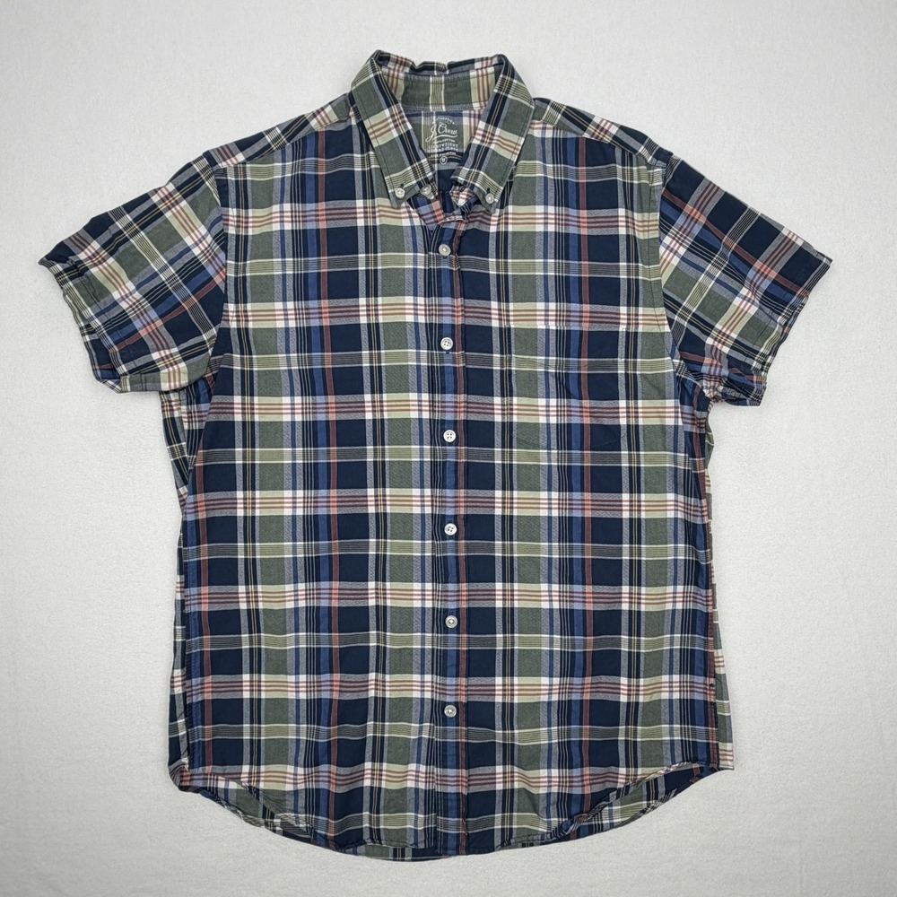 J.Crew Mens Short Sleeve Plaid Button Down Shirt Navy Green Oxford Cloth Medium